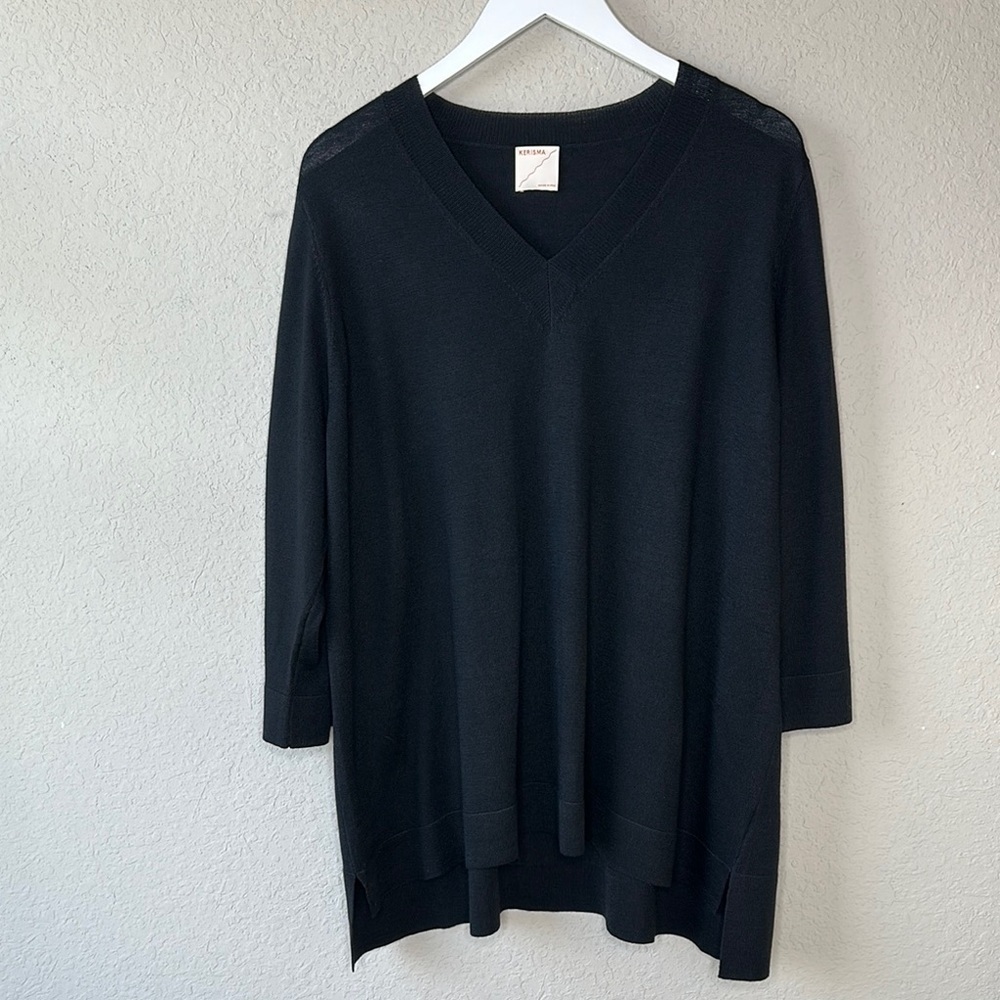 Kerisma Mercerized Wool Blend Black Oversized 3/4 Sleeve V Neck Sweater Size M/L
